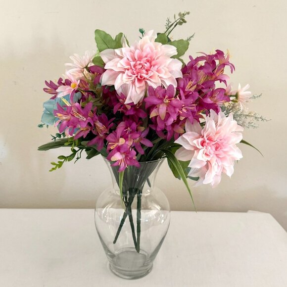 Upcycled Handcrafted Artificial Floral Arrangement Blue Green Pink Flowers OOAK - Picture 15 of 17